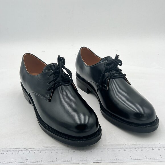 Black Leather Classic Lace up Oxford Low Heel Round Toe Casual Dress Pump Shoes - Picture 3 of 6